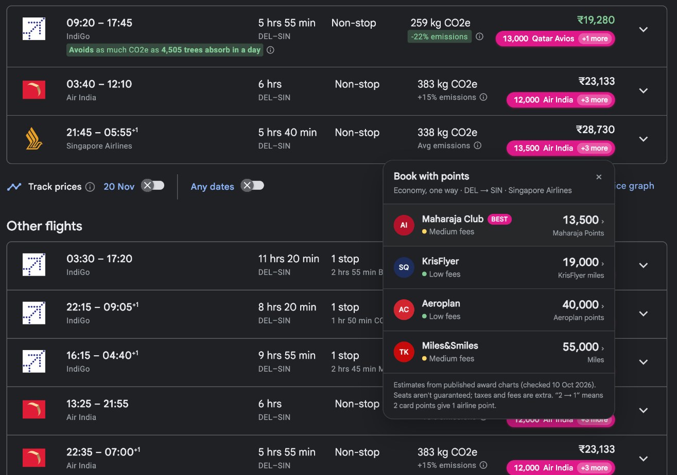 Google Flights results for Delhi to Singapore with SeeThePoints pills under each fare and the points panel open on a Singapore Airlines flight